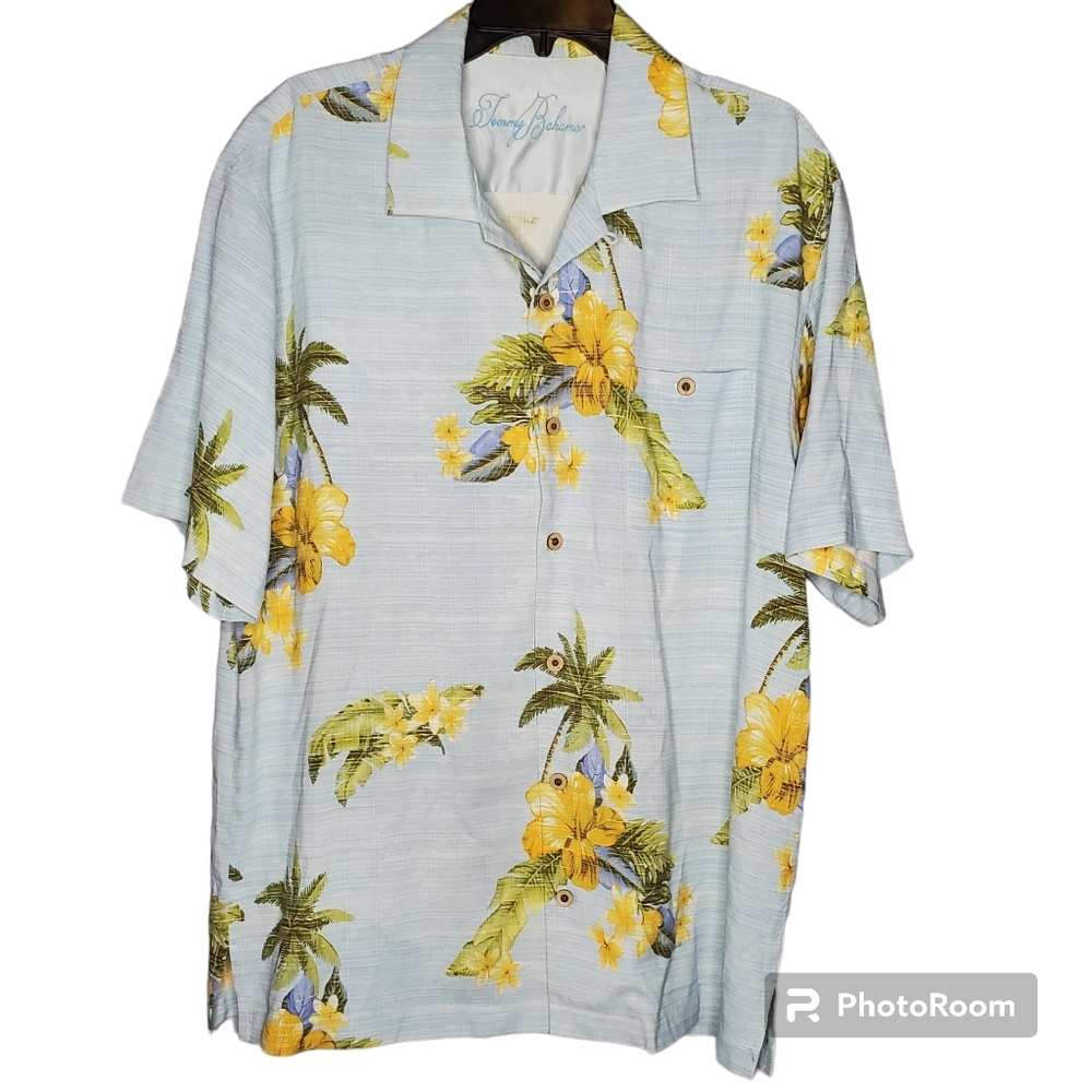 Tommy Bahama 100% Silk Button Down Short Sleeve Hawaiian Floral Shirt Large